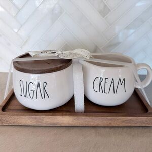 Rae Dunn White Sugar and Cream Set with Wooden Tray